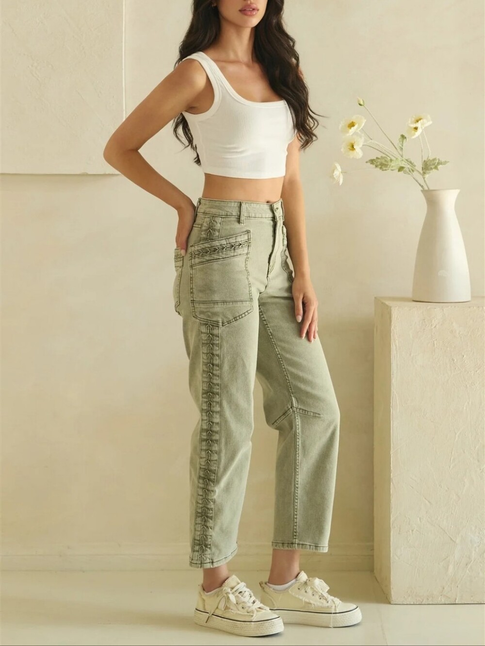 #1801 Oli & Hali Embroidered Barrel Pants (Lt Olive)